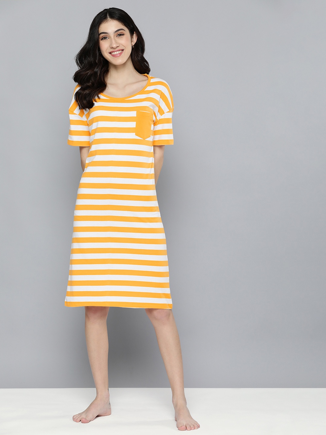 

HERE&NOW Women White & Yellow Striped Nightdress