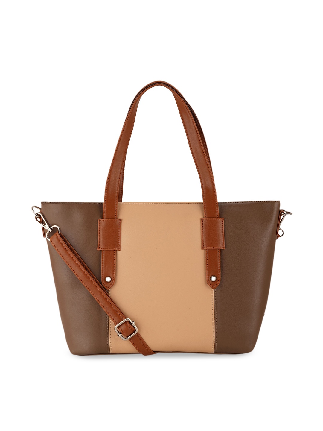 

Toteteca Peach-Coloured & Brown Colourblocked PU Structured Handheld Bag