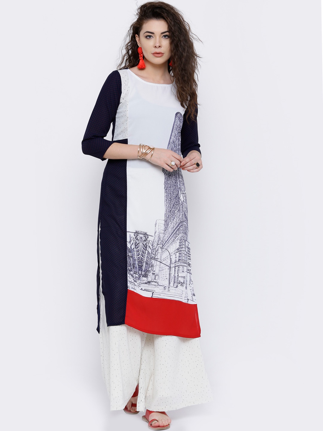 

Vishudh Women Navy Blue & White Printed Straight Kurta