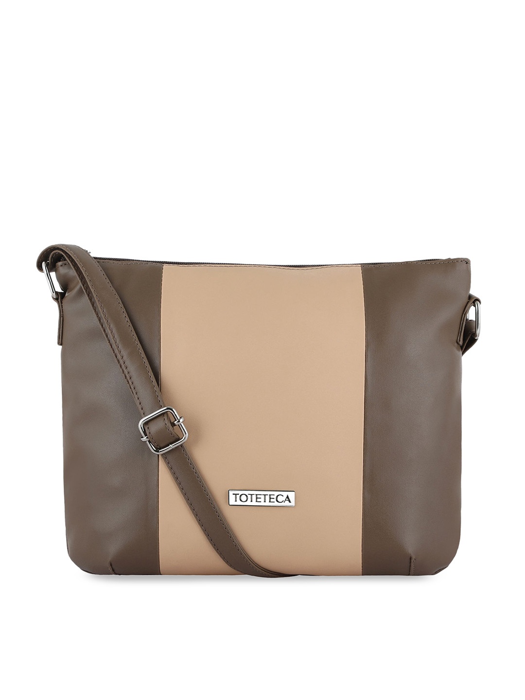 

Toteteca Beige Colourblocked PU Structured Sling Bag with Tasselled