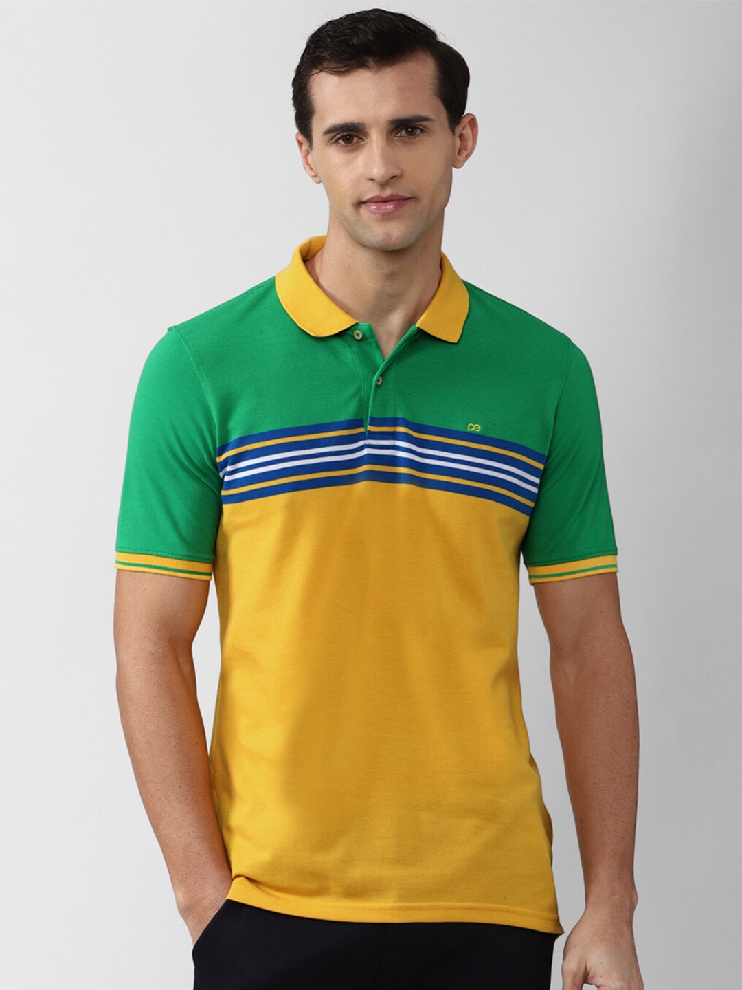 

Peter England Casuals Men Yellow & Green Striped Polo Collar T-shirt