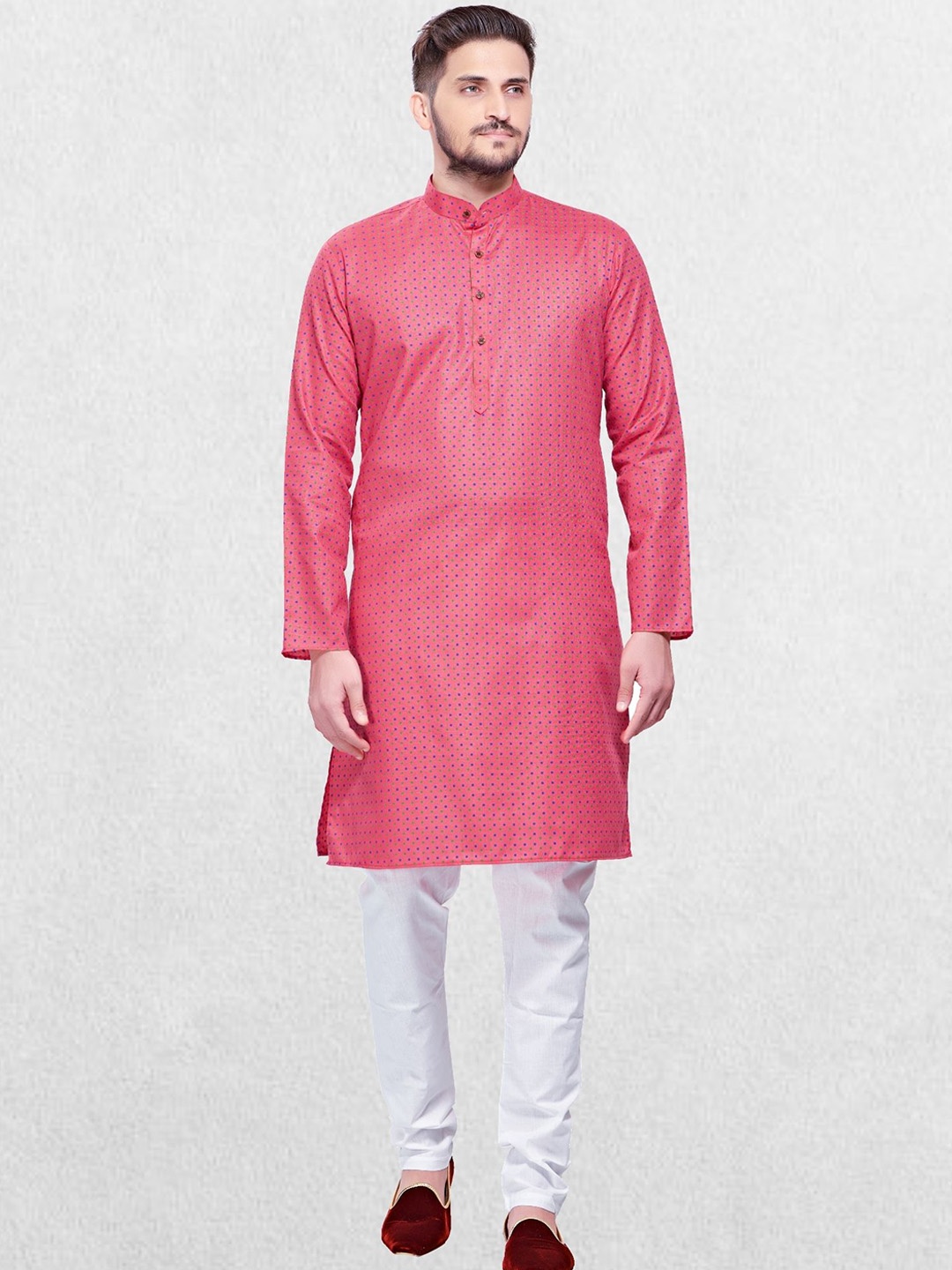 

SHIWAM ETHNIX Men Pink & Blue Polka Dot Printed Block Print Kurta Plus Size