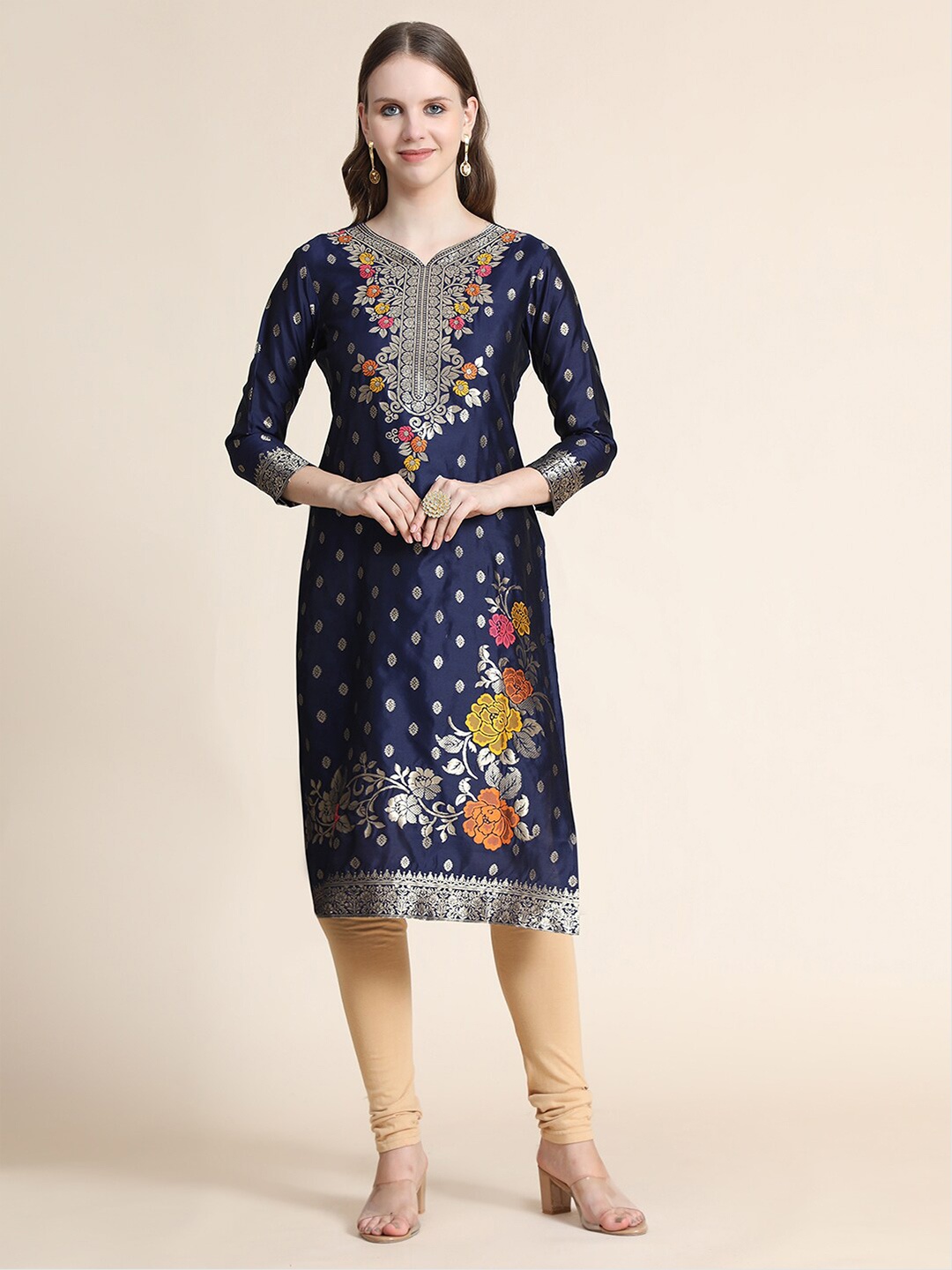 

KALINI Women Blue & Silver-Toned Floral Kurta