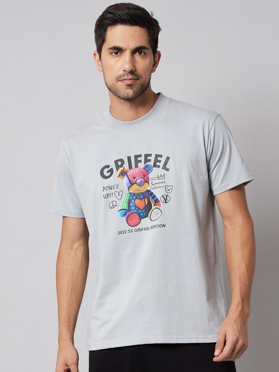 

GRIFFEL Men Steel & orchid tint Typography Printed Applique T-shirt