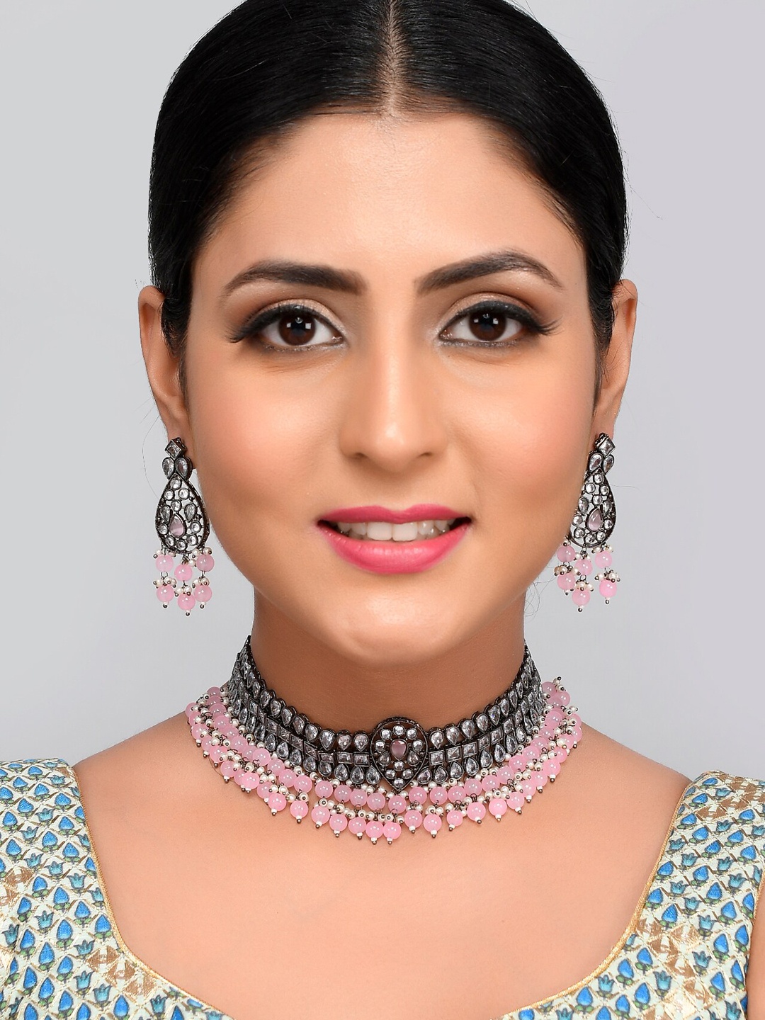 

AQUASTREET JEWELS Rhodium-Plated Silver-Toned Pink & White AD-Studded & Pearl Beaded Jewellery Set