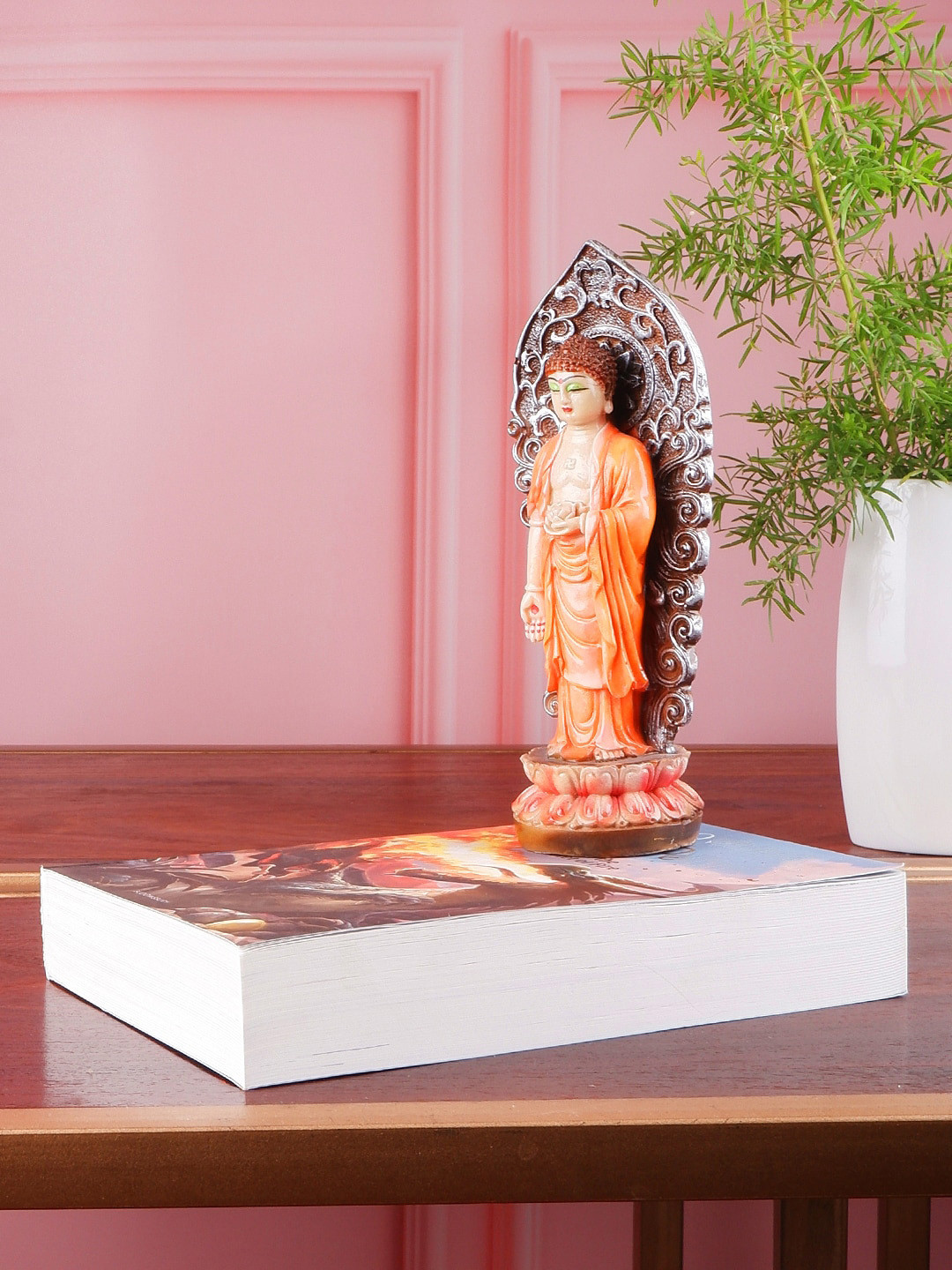 

THE WHITE INK DECOR Orange Buddha Figurine Showpieces