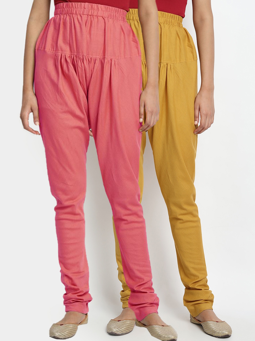 

Molcha Women Pack of 2 Peach Coloured & Yellow Solid Cotton Churidar