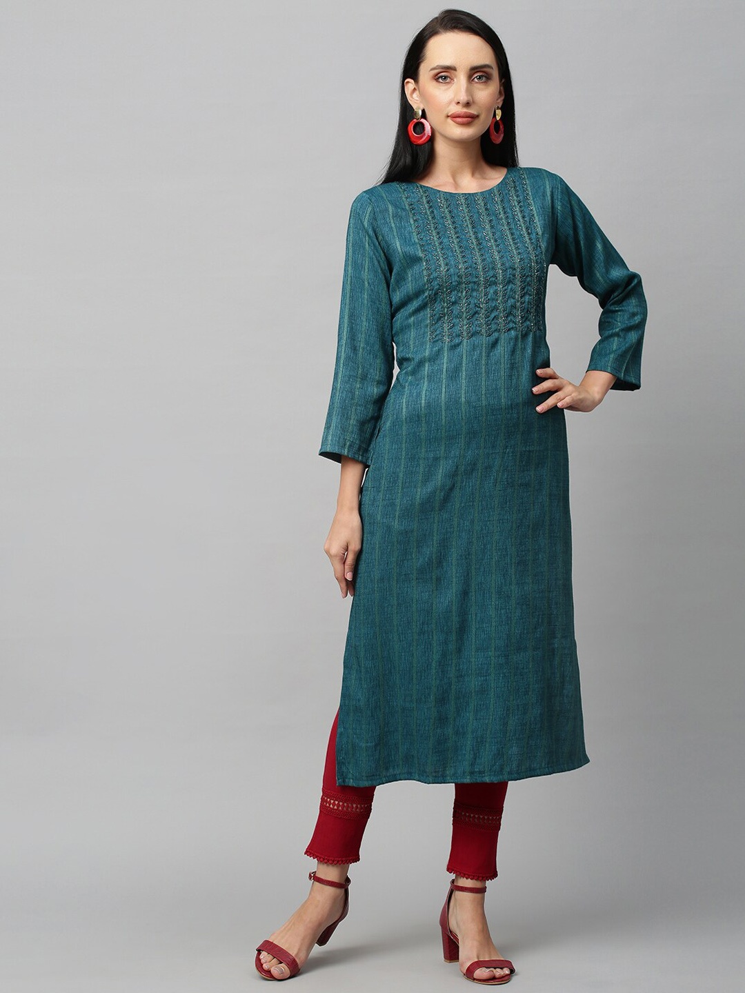 

FASHOR Women Teal Yoke Design Thread Work Pastels Kurta