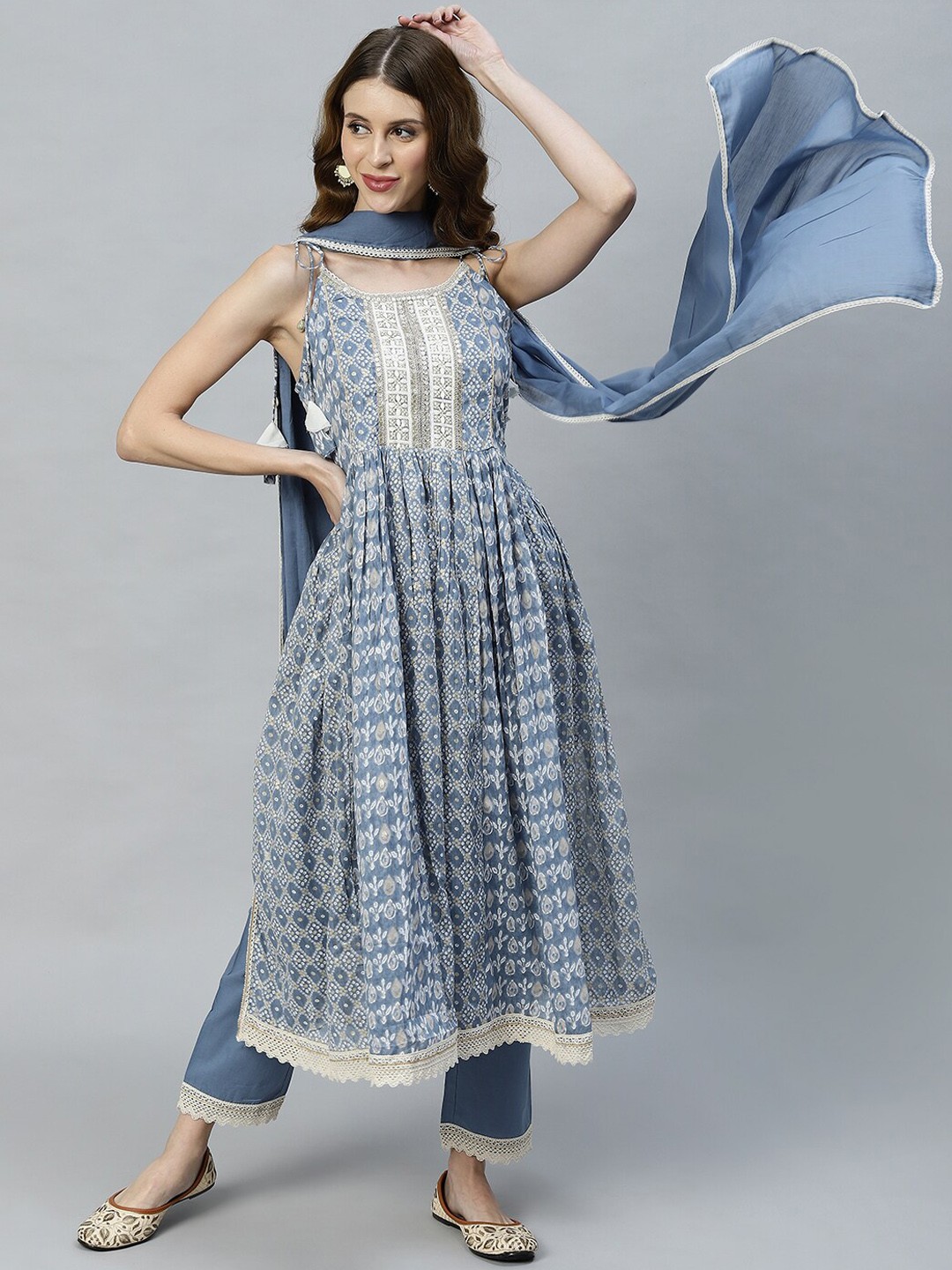 

FASHOR Women Blue & White Printed Sequinned Pure Cotton Kurta with Trousers & Dupatta