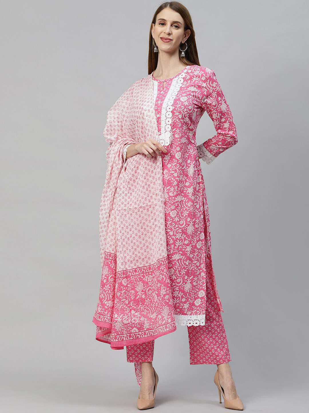 

FASHOR Women Pink Bandhani Embroidered Thread Work Pure Cotton Kurta with Trousers