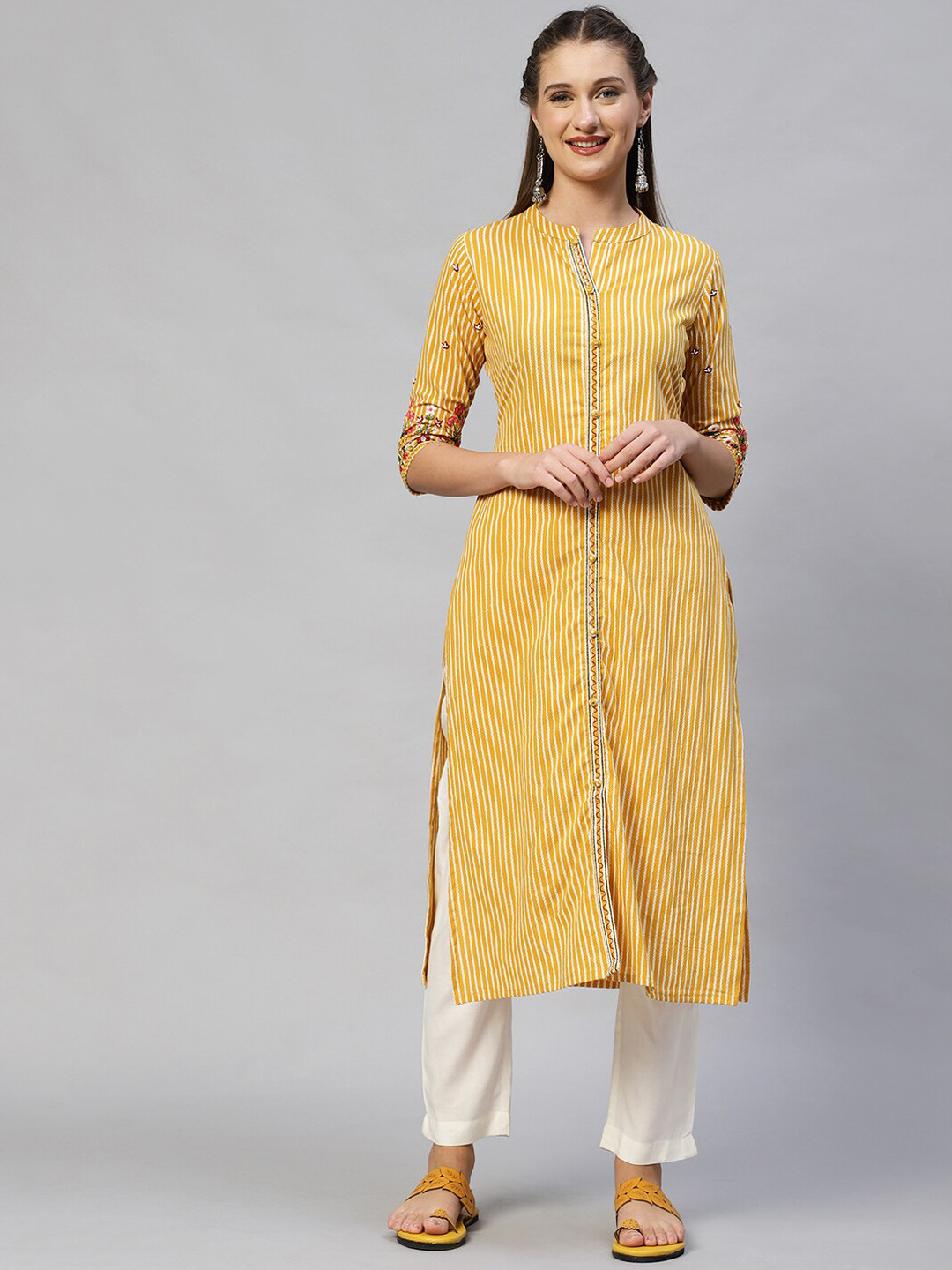 

FASHOR Mustard Floral Embroidered & Stripes Printed Straight Fit Kurta