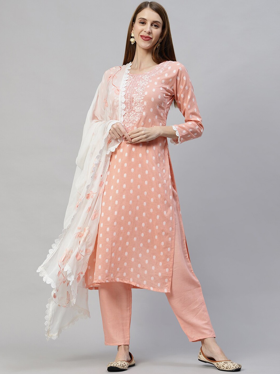 

FASHOR Women Peach-Coloured Thread Work Pure Cotton Kurta with Churidar & With Dupatta