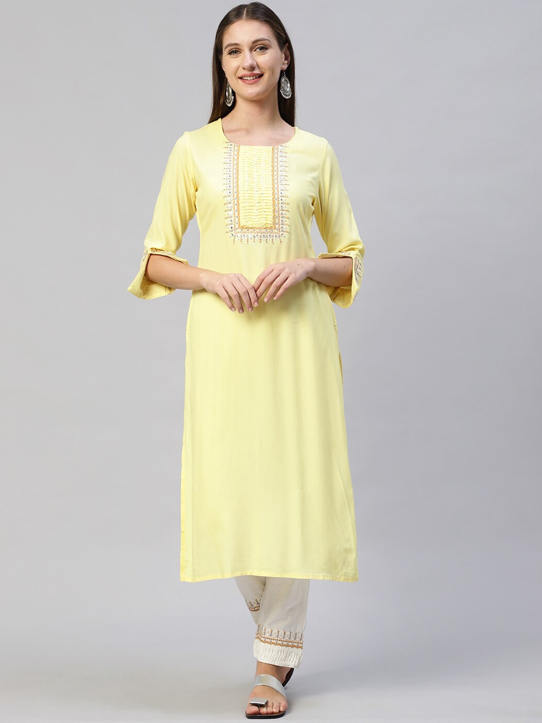 

FASHOR Women Yellow Mirror Work Kurta with Trousers