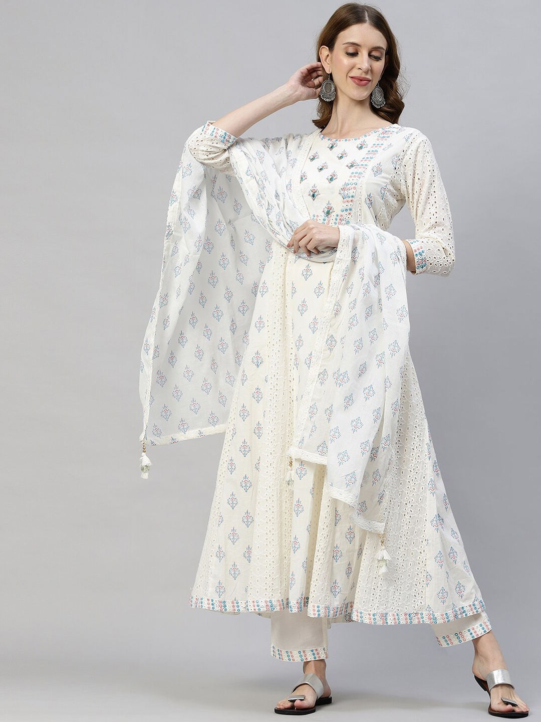 

FASHOR Women Off White Ethnic Motifs Embroidered Mirror Work Anarkali Kurta Set