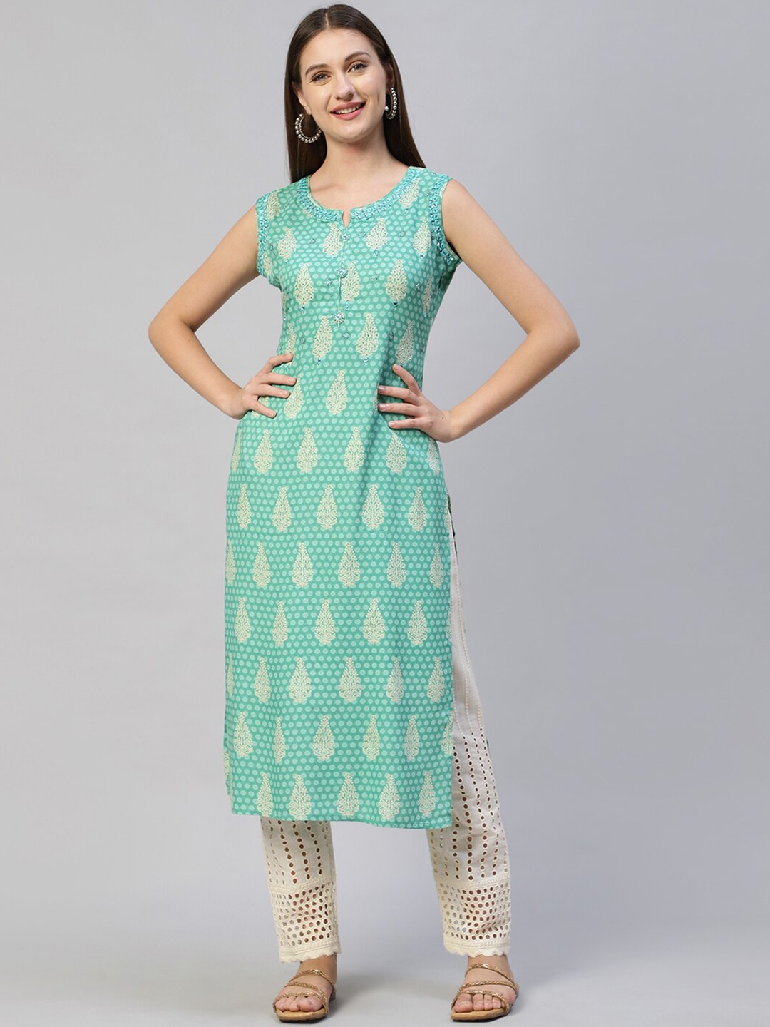 

FASHOR Women Green Ethnic Motifs Printed Beads and Stones Kurta with Trousers