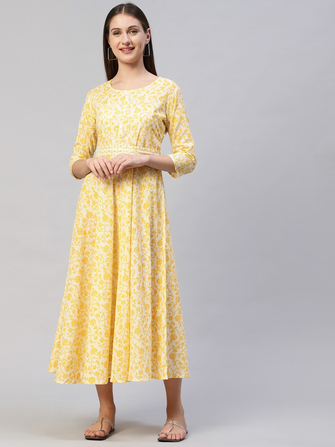 

FASHOR Women Light Yellow Floral Fit & Flare Midi Dress