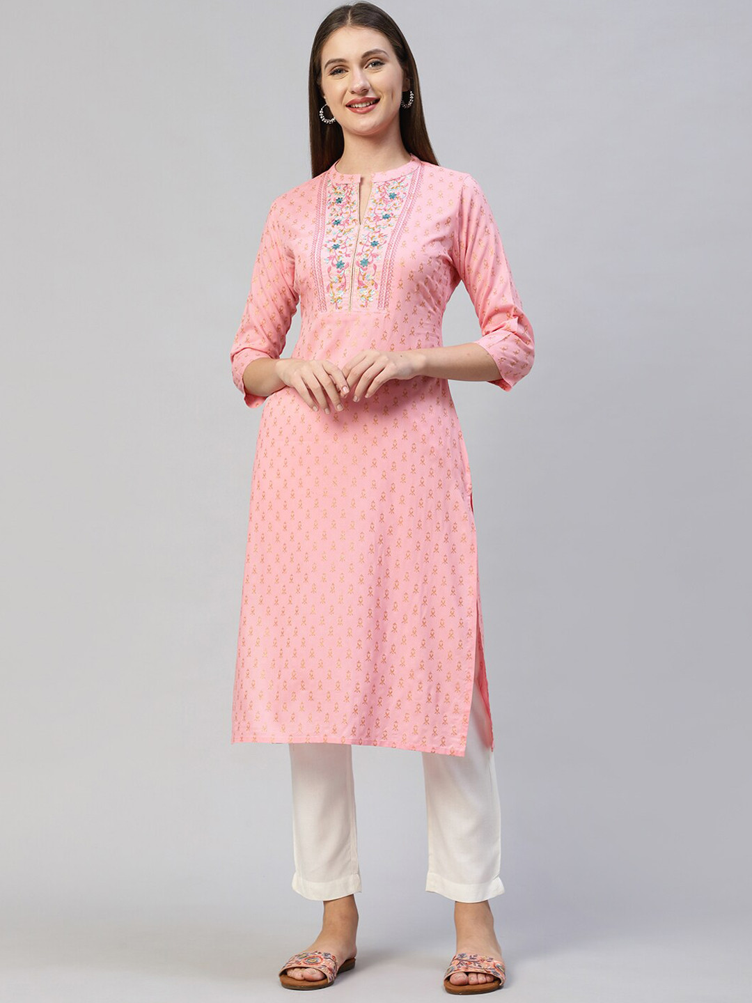 

FASHOR Women Pink Geometric Yoke Design Chikankari Kurta
