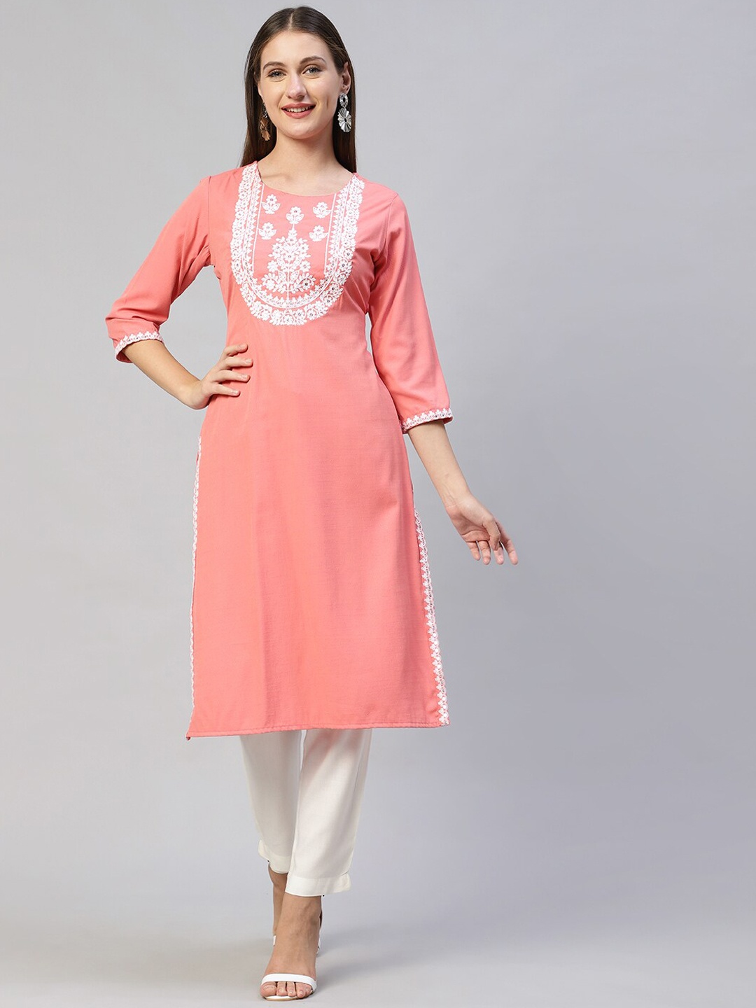 

FASHOR Women Peach-Coloured Yoke Design Mirror Work Kurta