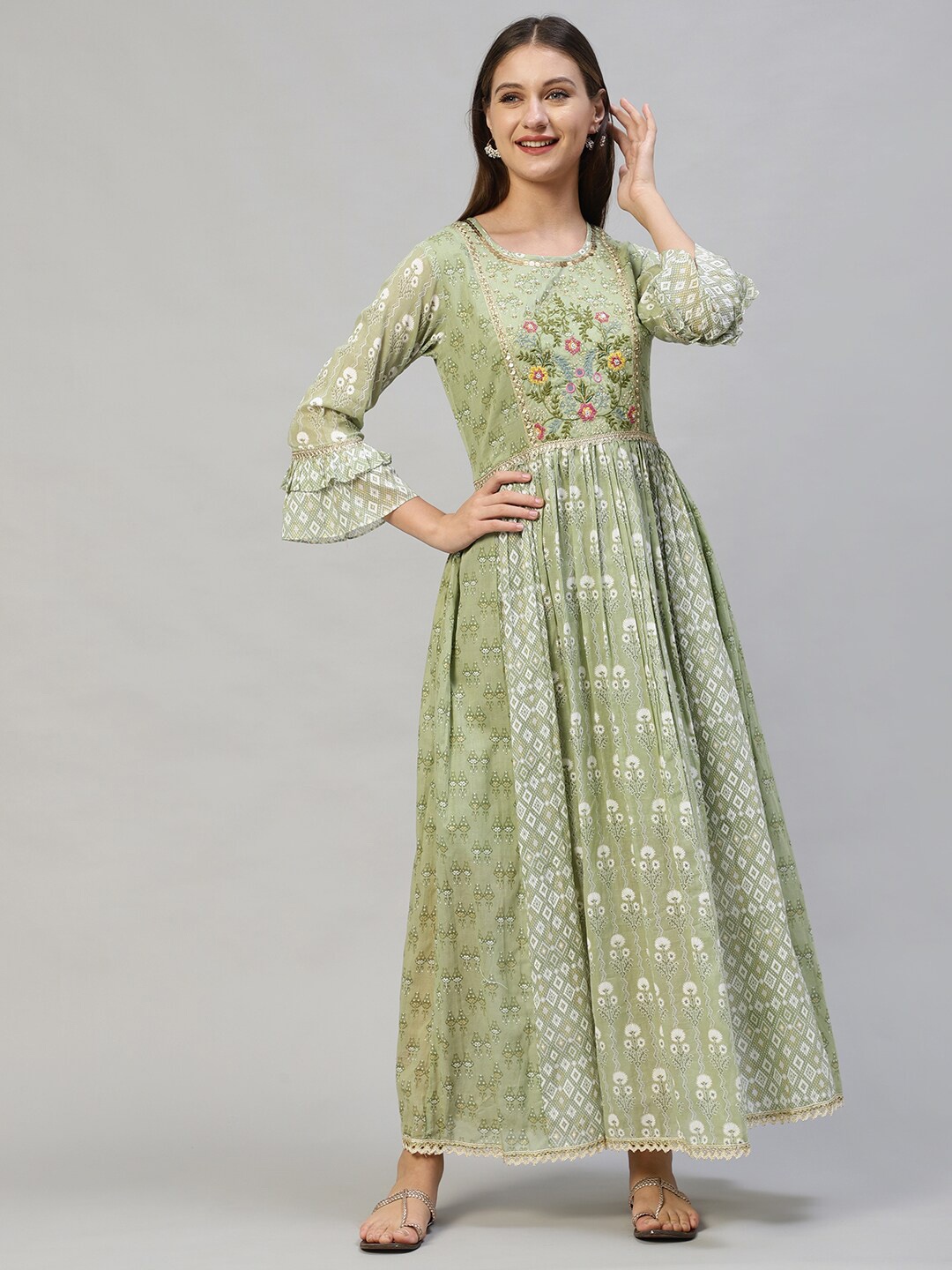 

FASHOR Green Ethnic Printed & Hand Embroidered Flared Maxi Dress