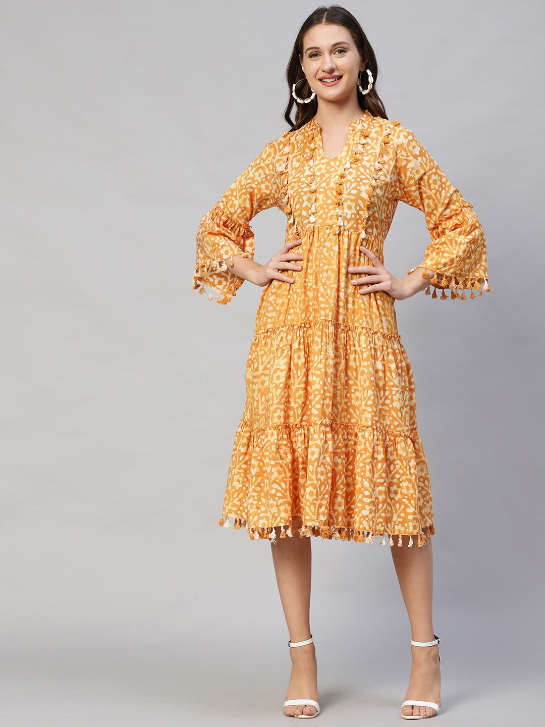 

FASHOR Mustard Yellow Ethnic Motifs A-Line Midi Dress