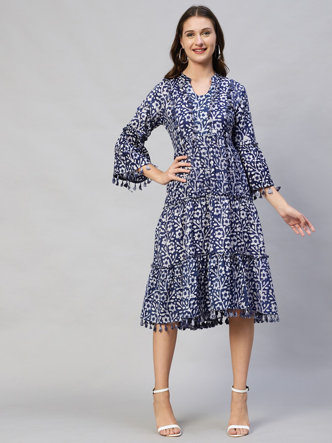 

FASHOR Blue & White Dabu Printed Tiered Indigo Midi Dress