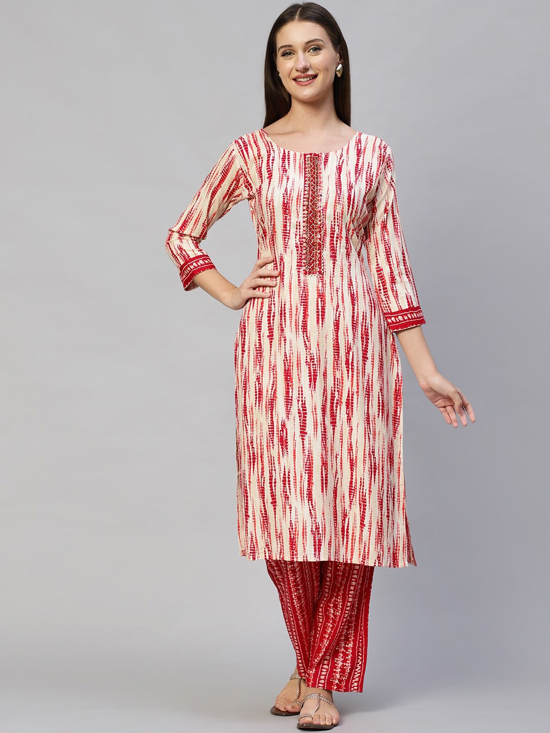 

FASHOR Women Red Ethnic Motifs Printed Pleated Beads and Stones Kurta with Trouser