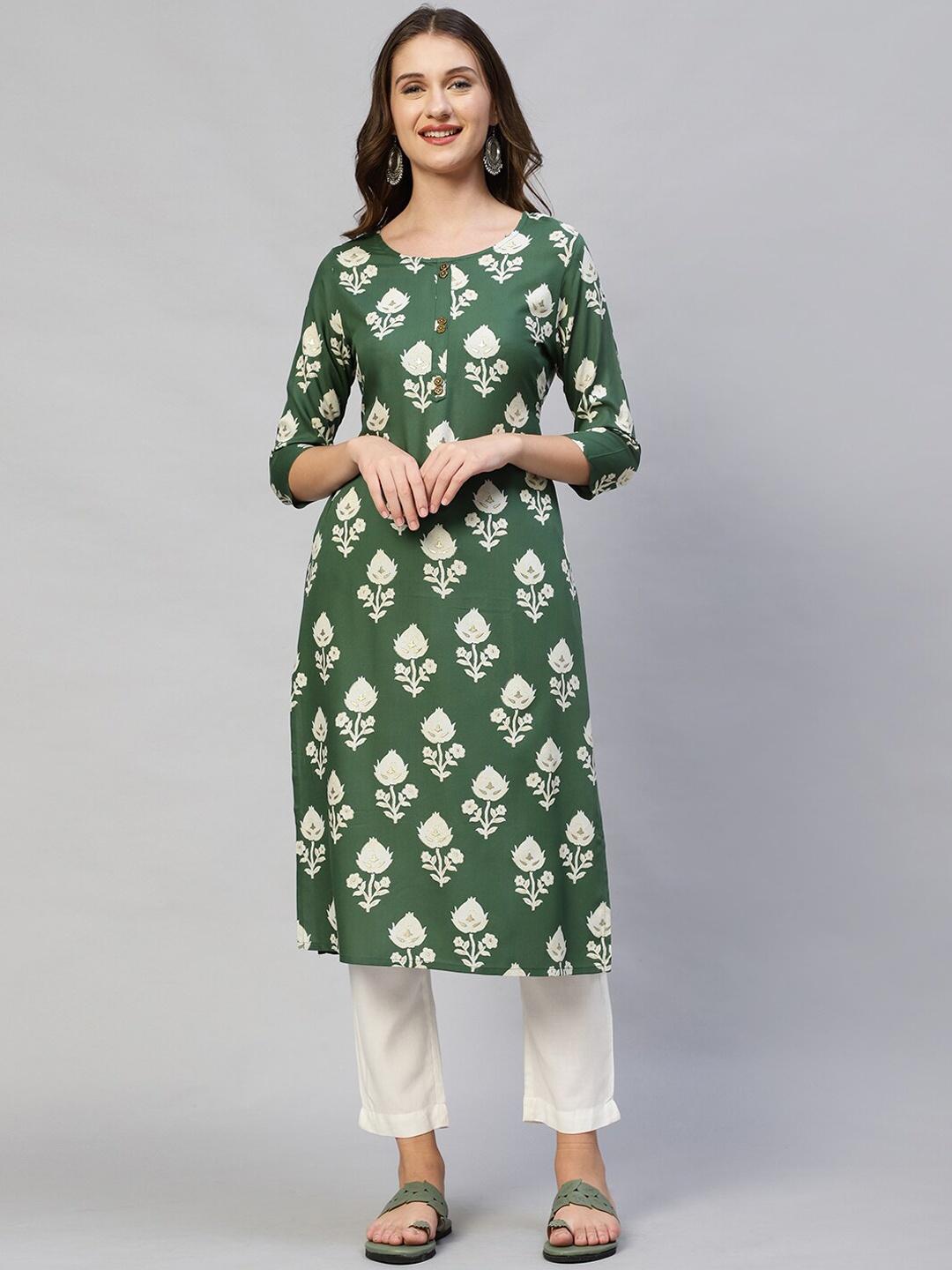 

FASHOR Women Dark Green Floral Printed Kurta