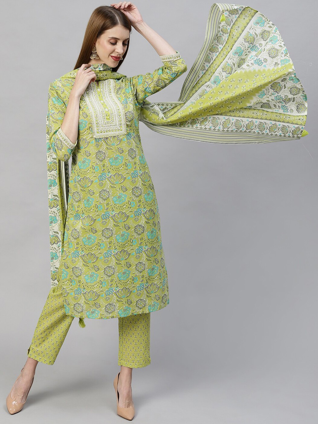 

FASHOR Women Lime Green Ethnic Printed Pure Cotton Kurta with Trousers & Dupatta