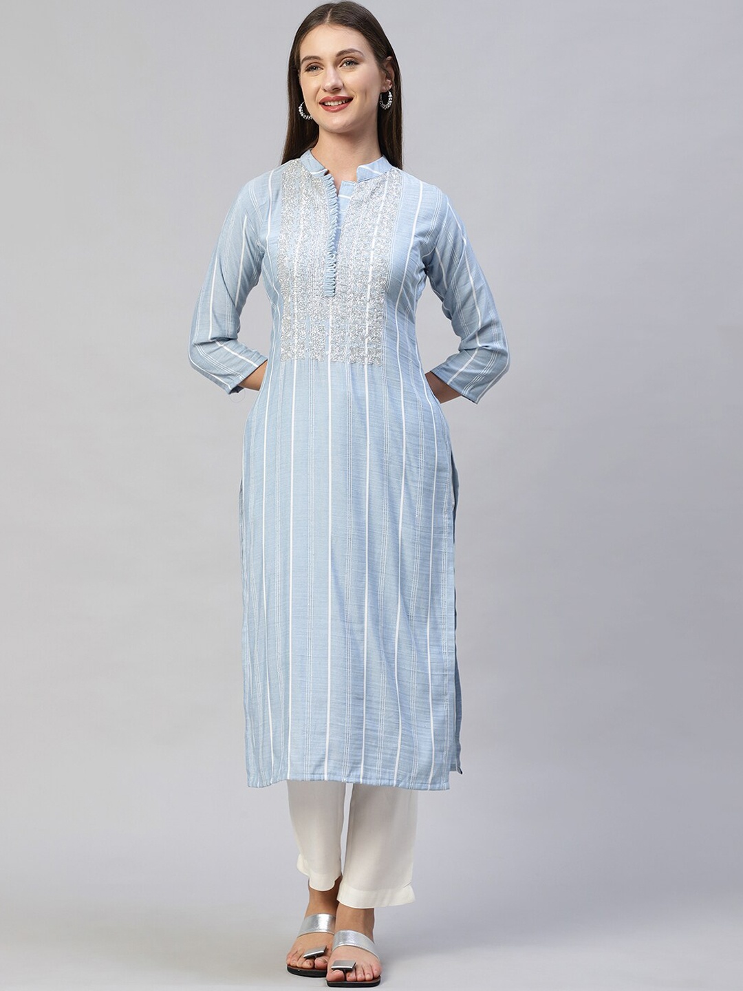 

FASHOR Women Blue Striped Thread Work Kurta