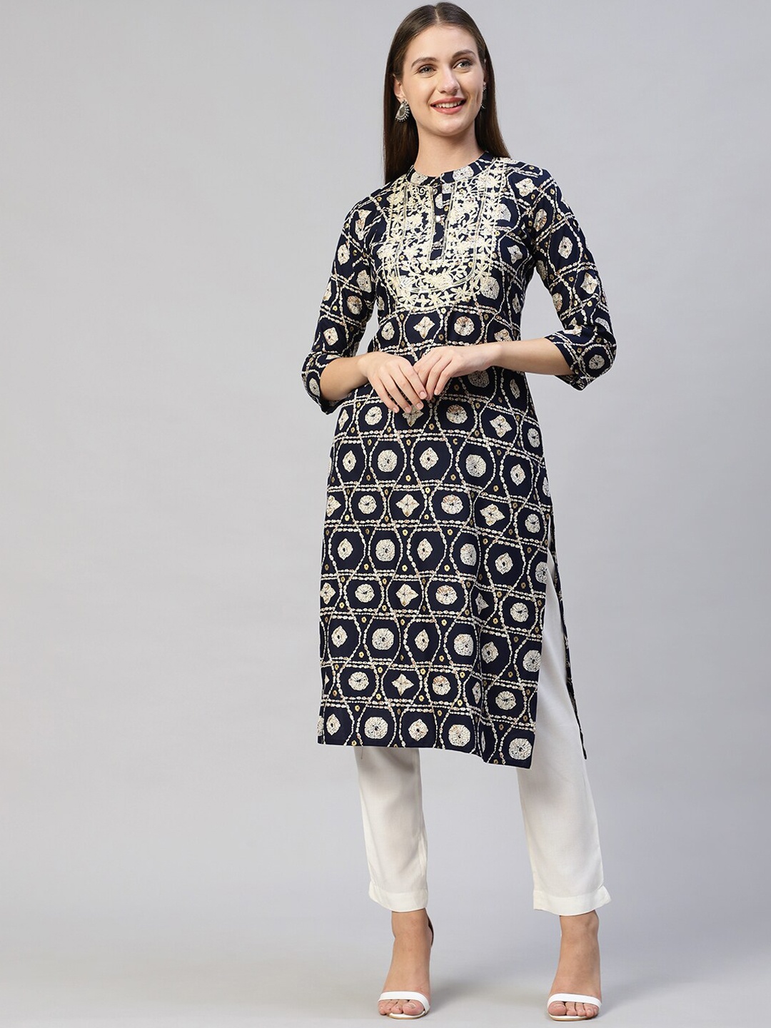 

FASHOR Women Navy Blue Ethnic Motifs Printed Thread Work Kurta