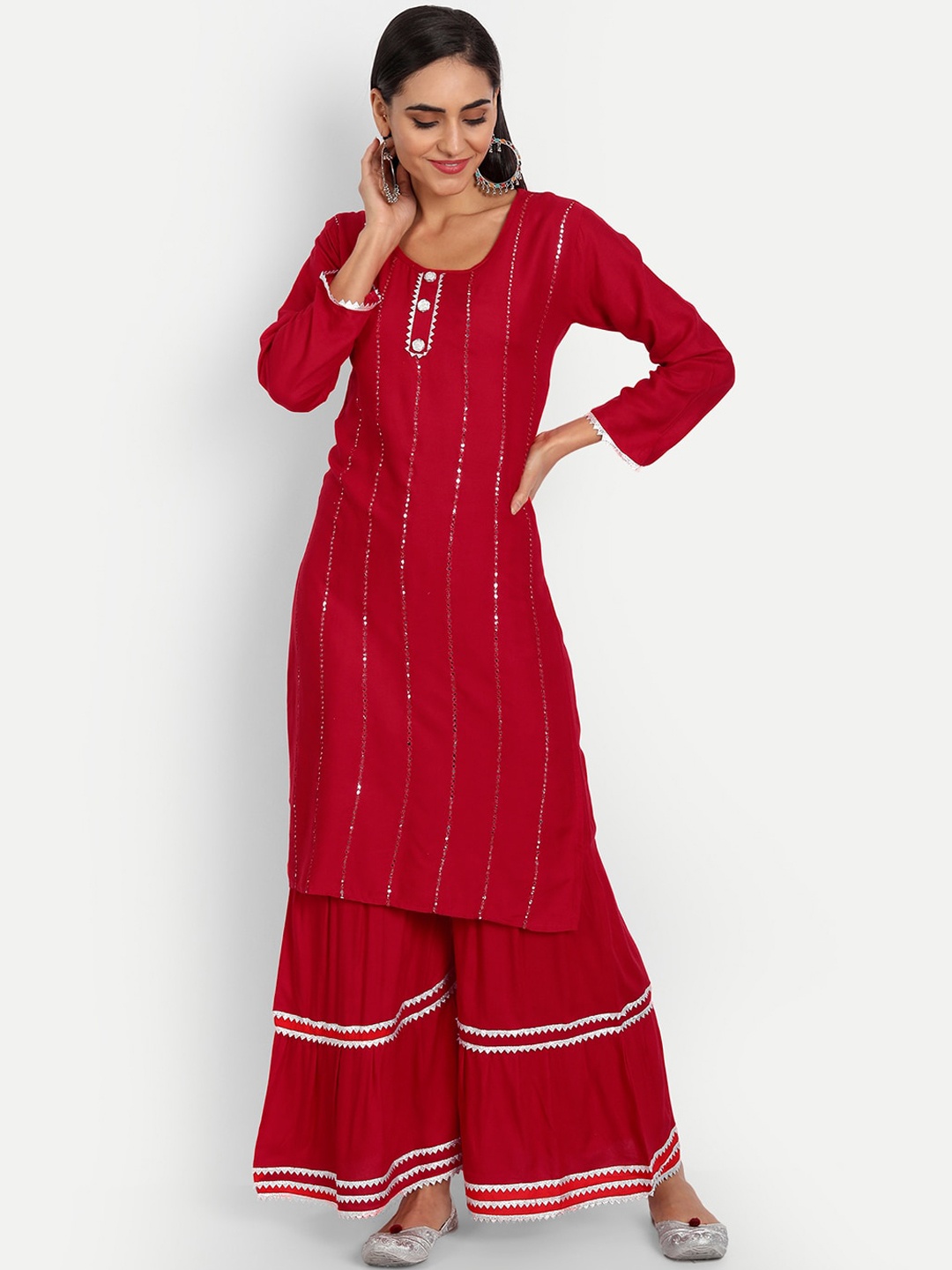 

FNOCKS Women Red Yoke Design Mirror Work Kurta with Sharara & Plus Size