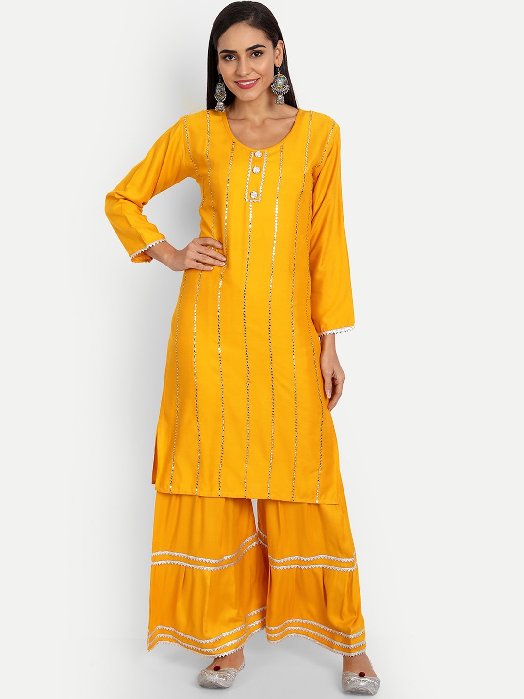 

FNOCKS Women Yellow Striped Sequinned Kurta with Sharara