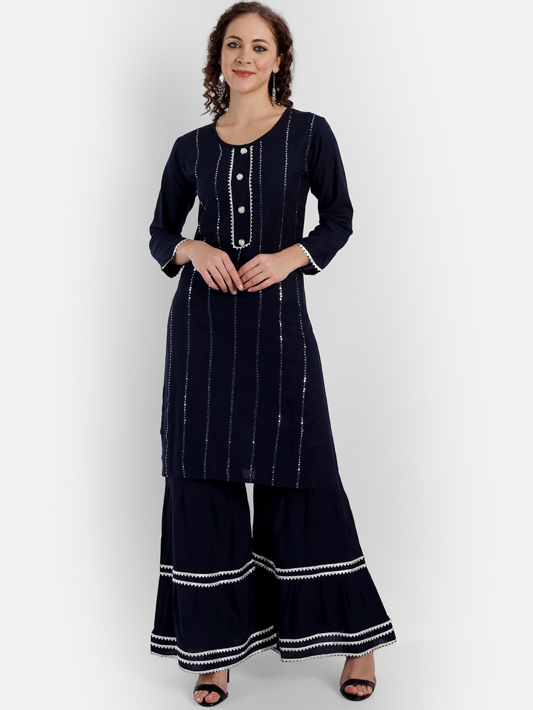 

FNOCKS Women Navy Blue Embroidered Kurta with Sharara