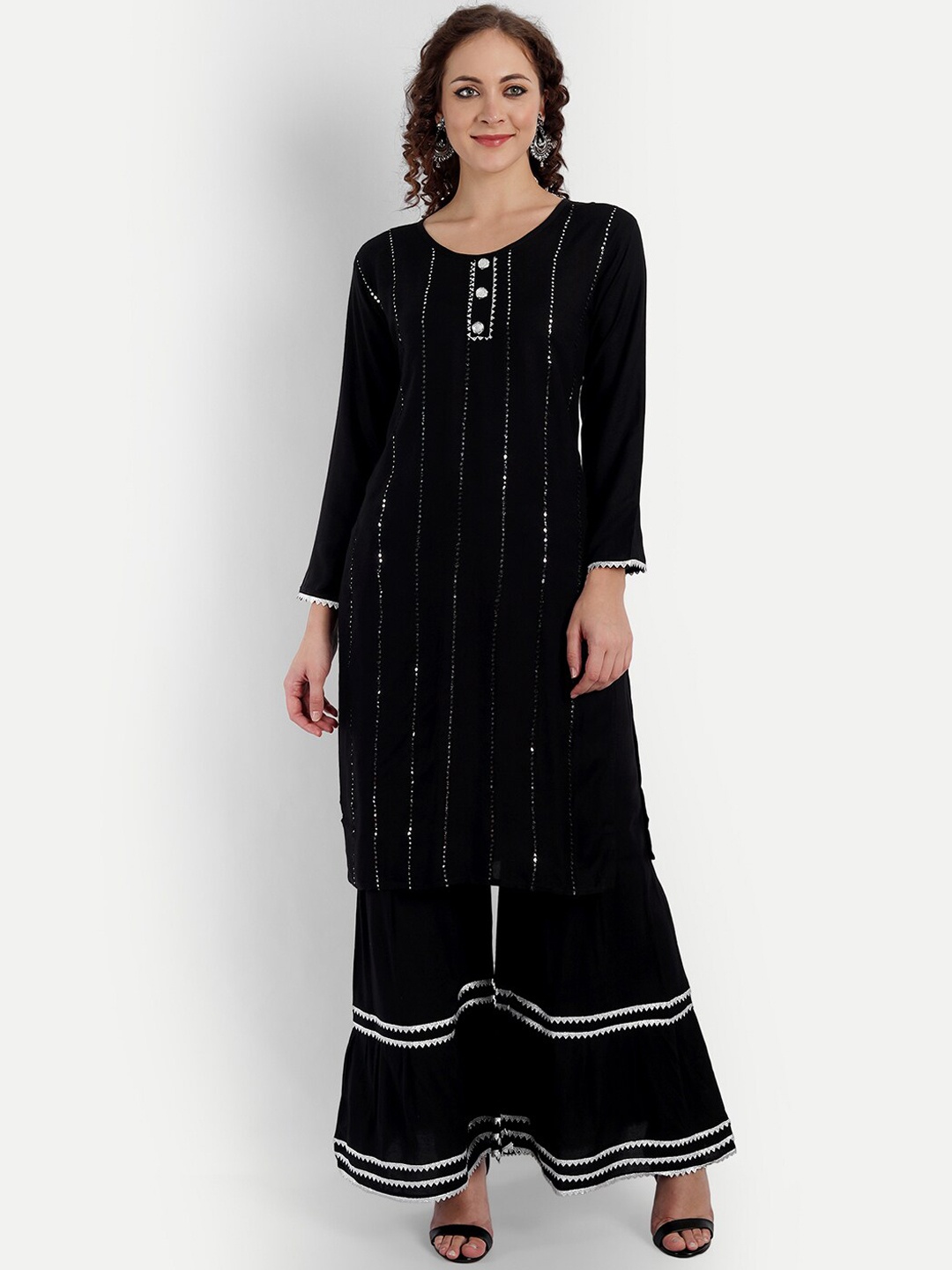 

FNOCKS Women Black Striped Sequinned Kurta with Palazzos