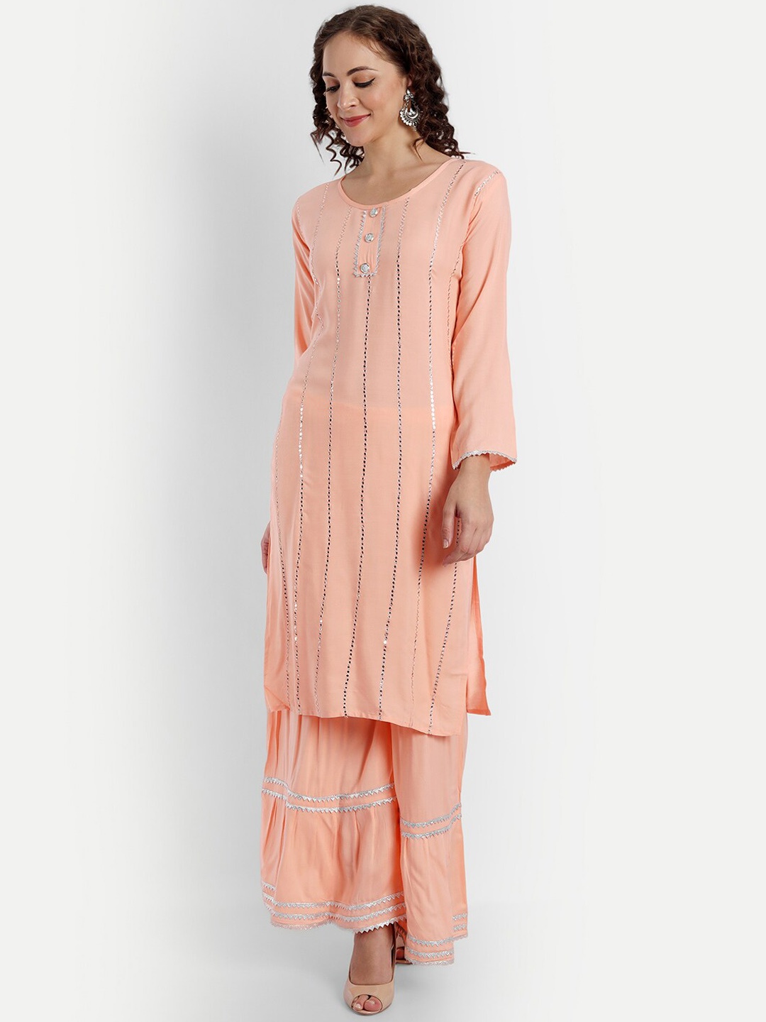 

FNOCKS Women Peach-Coloured Striped Kurta with Sharara