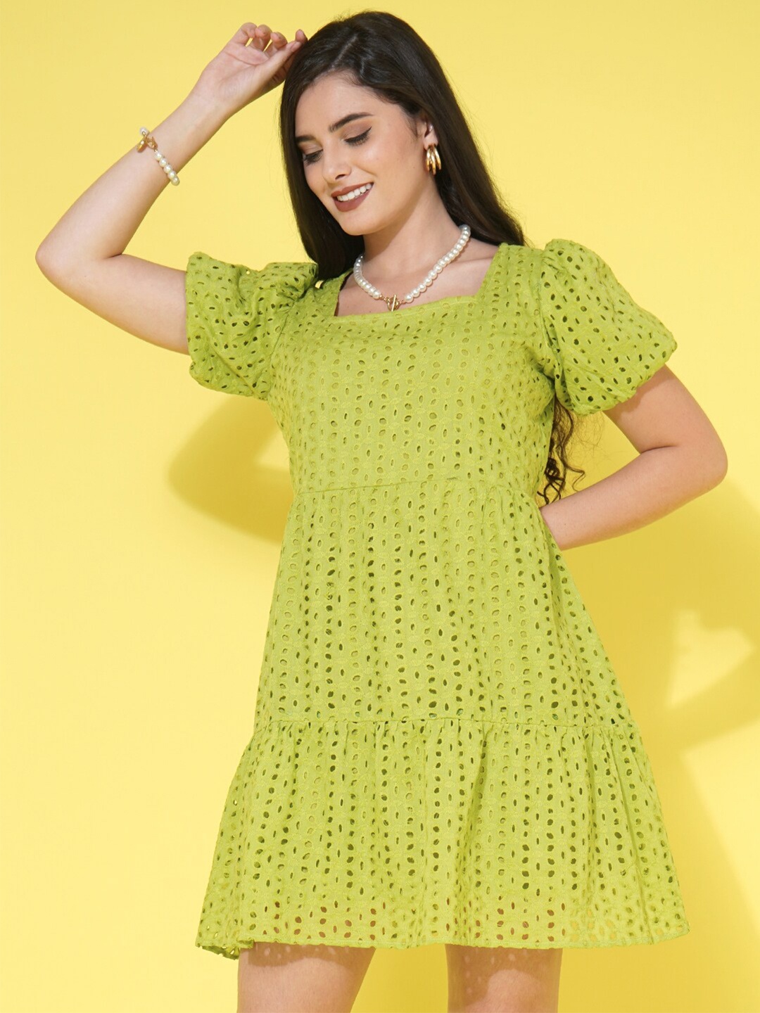 

Cation Lime Green Solid Schiffli Cotton A-Line Dress