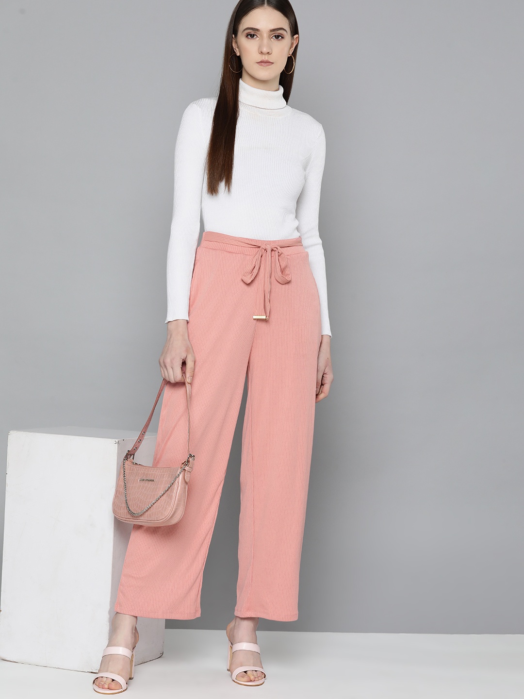 

Chemistry Women Ribbed Flared Trousers, Pink