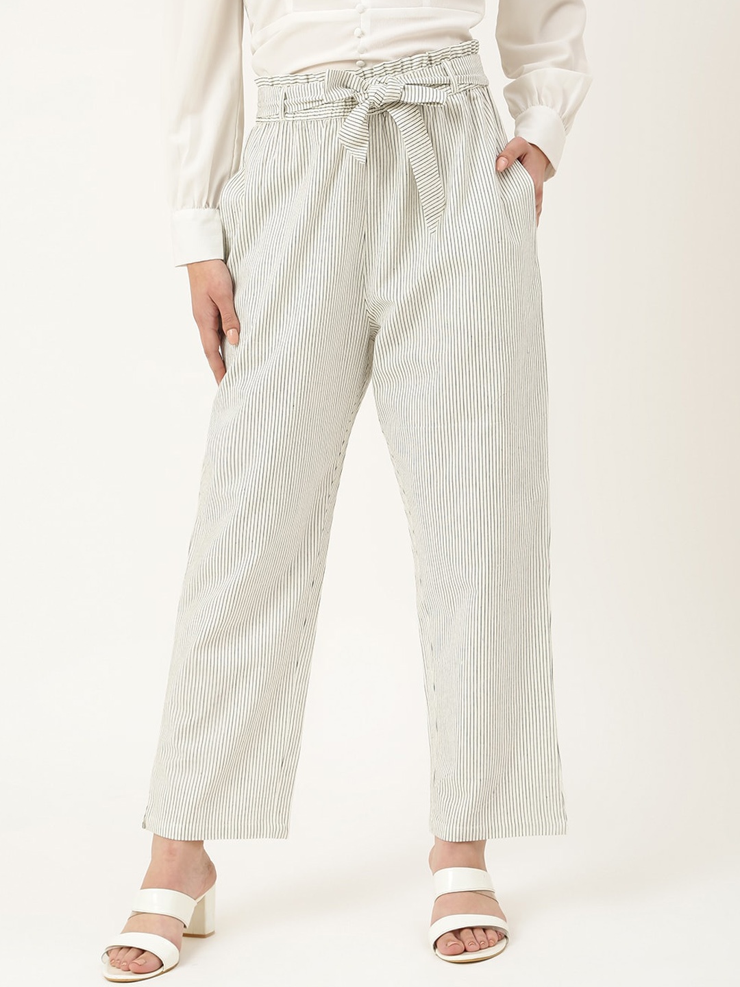 

DECKEDUP Women Off White Striped Relaxed Trousers & Plus Size