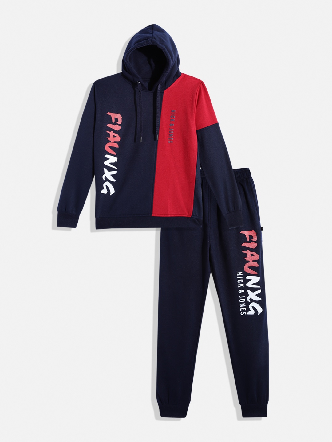 

Nick and Jones Boys Colourblocked & Brand logo Print Hooded Tracksuit, Navy blue