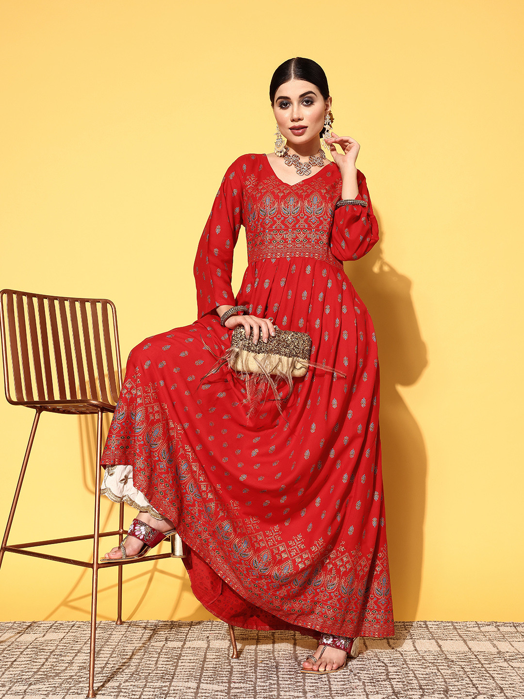 

InWeave Women Charming Red Viscose Rayon Swirling Volume Kurta