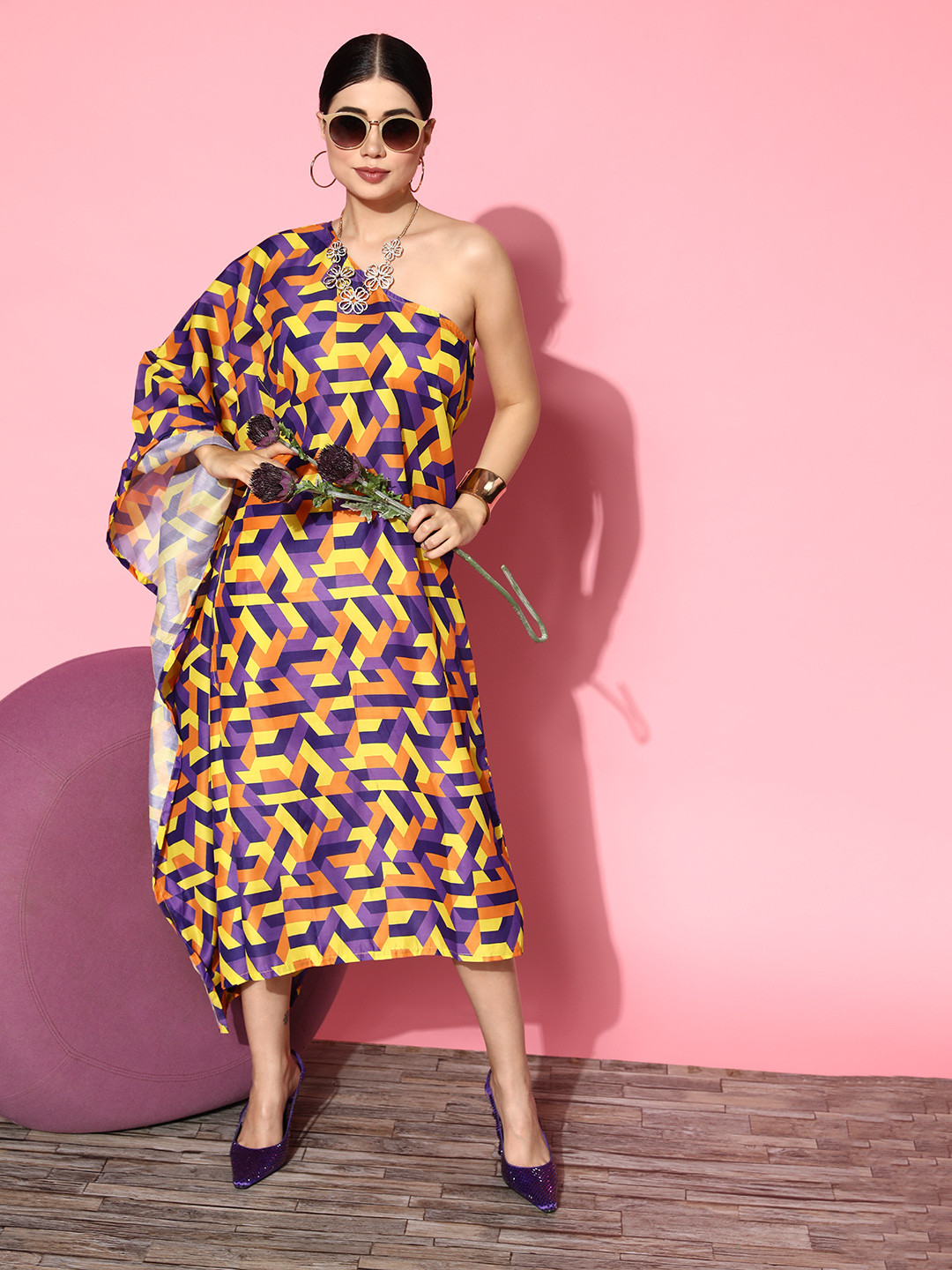 

InWeave Yellow & Purple Printed One Shoulder Sheath Midi Dress
