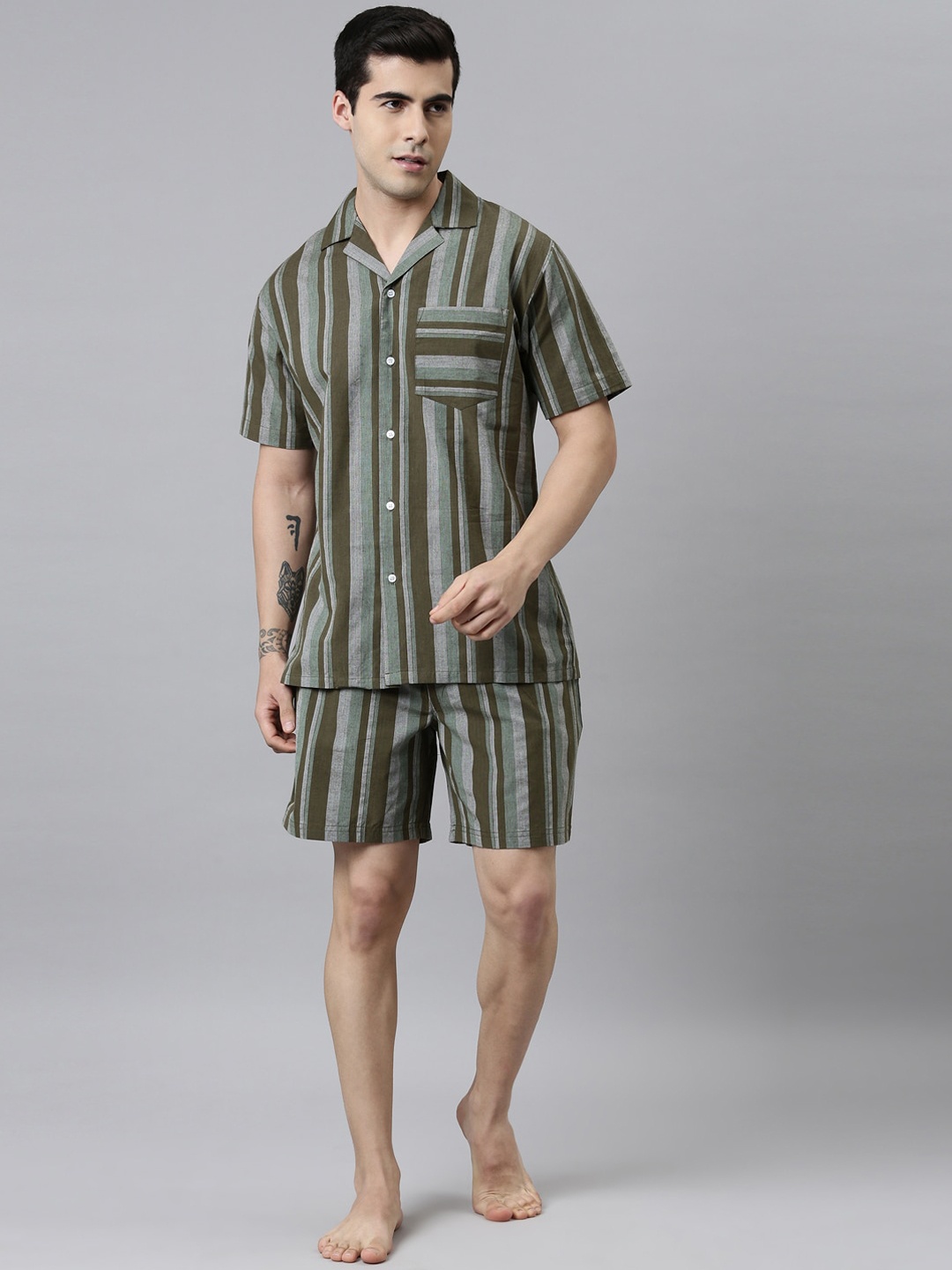

Joven Men Olive-Green Striped Printed Pure Cotton Co-ords Set