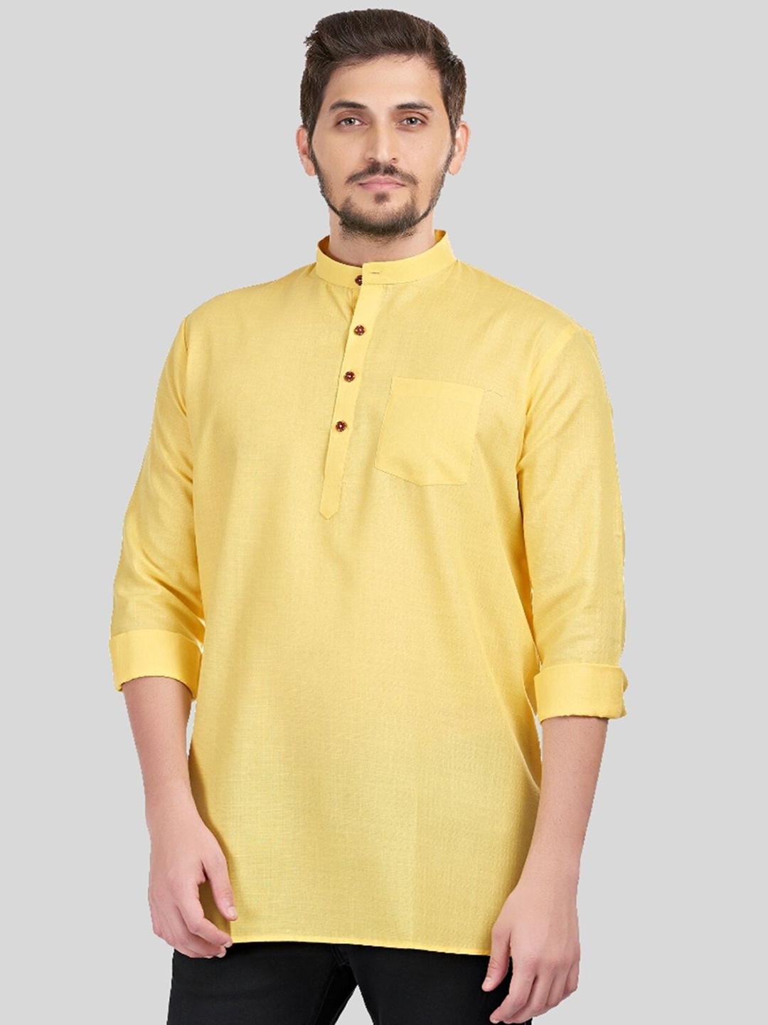 

SHIWAM ETHNIX Men Yellow Solid Cotton Kurta