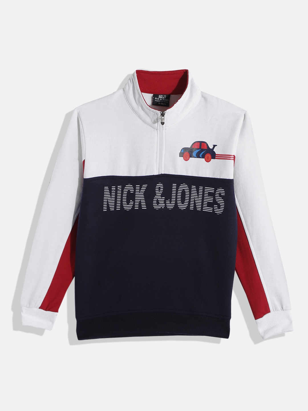 

Nick and Jones Boys Colourblocked Brand Logo Print Mock Neck Sweatshirt, Navy blue