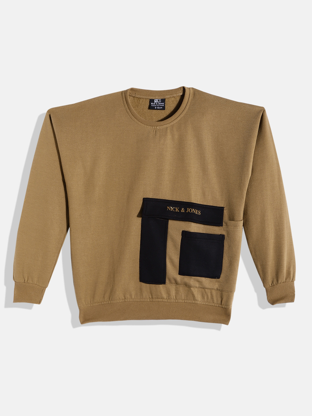 

Nick and Jones Boys Solid Sweatshirt with Oversized Flap Pocket & Contrast Patch Pocket, Camel brown