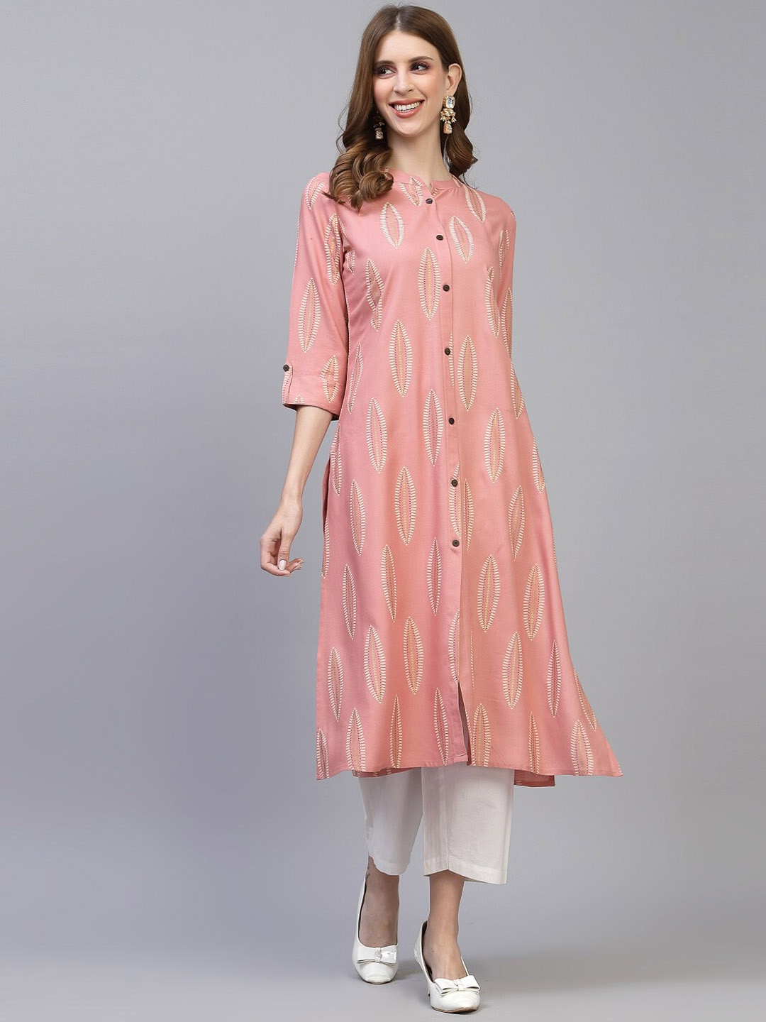 

Stylum Women Peach Quirky Block Printed Pure Viscose Rayon Kurta