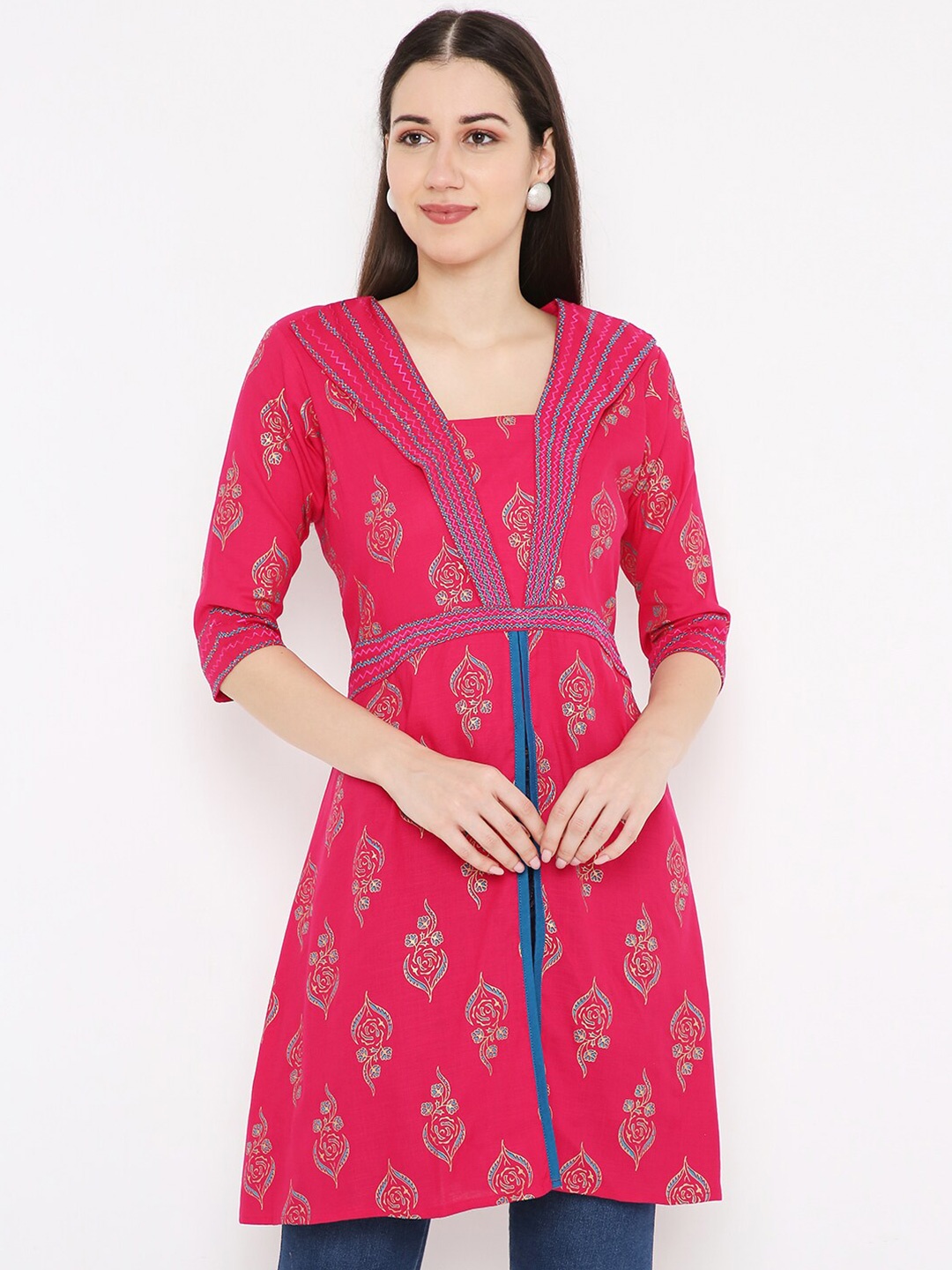 

Peppertree Pink & Blue Embroidered Square Neck Tunic