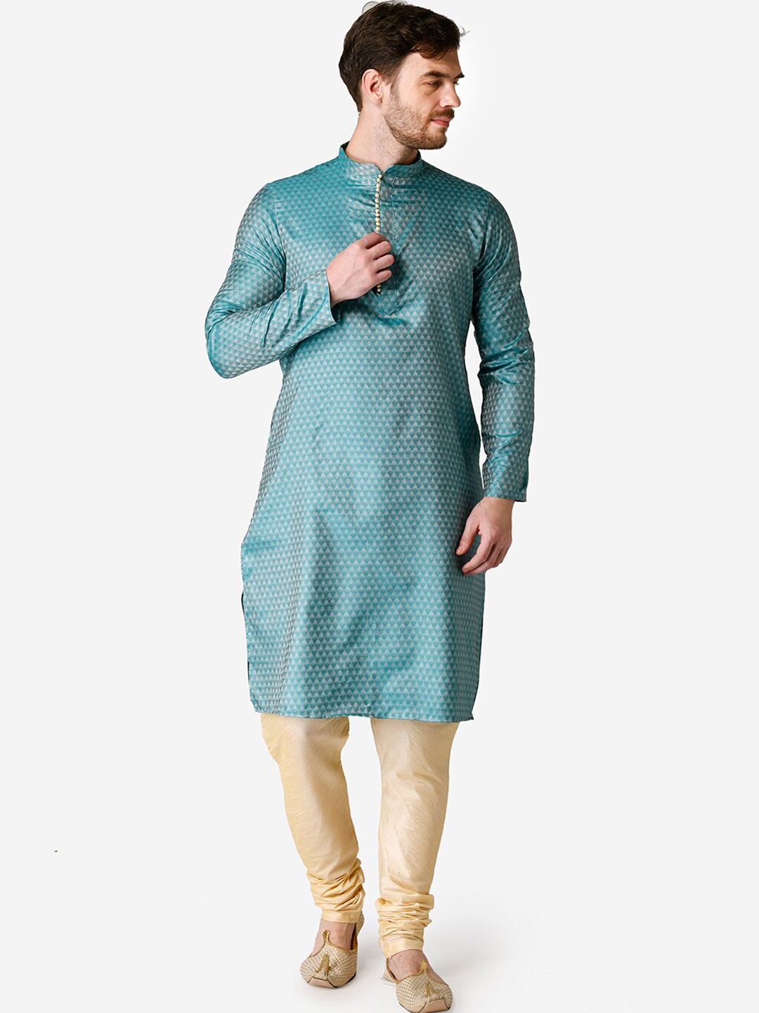 

TABARD Men Blue Flared Sleeves Thread Work Pathani Kurta