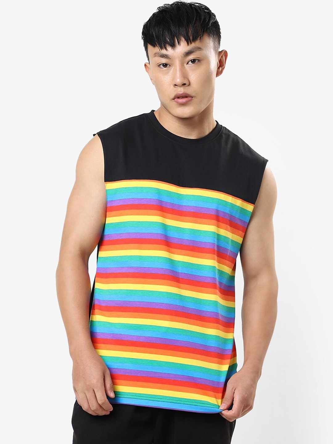

Bewakoof Men Rainbow Color Striped Cotton Innerwear Vests & Plus Size, Black