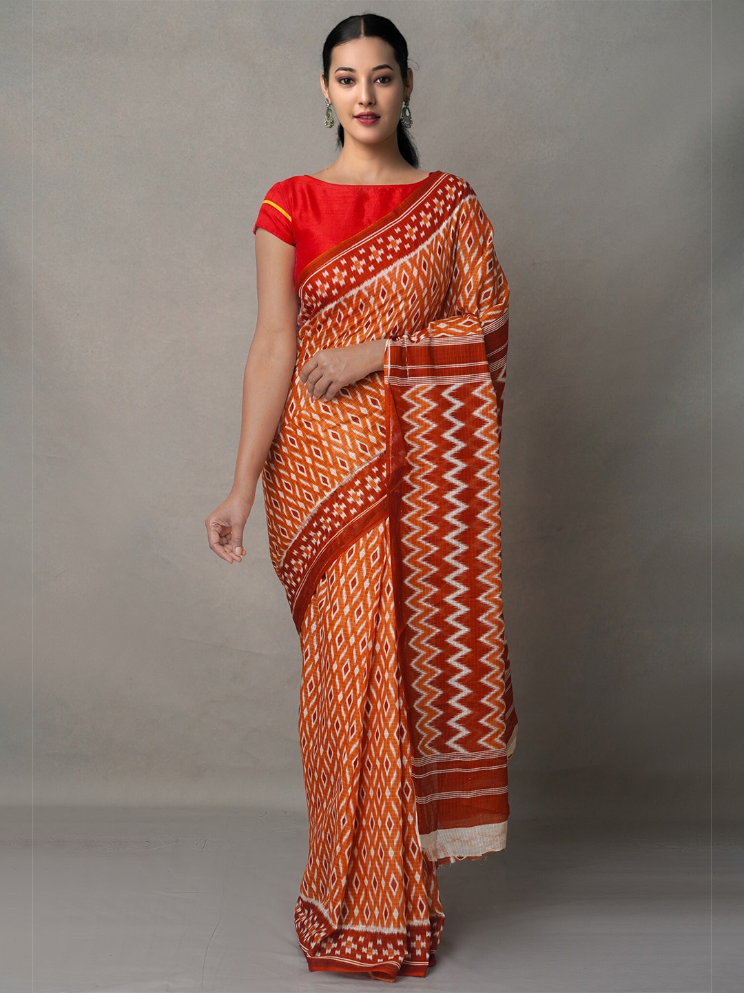 

Unnati Silks Women Orange & Maroon Ethnic Motifs Pure Cotton Block Print Saree